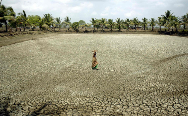 24 hours in pictures: Indian worker walks through a dry fish pond in a field
