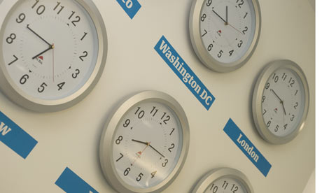 Clocks set to international times - in Kings Place office