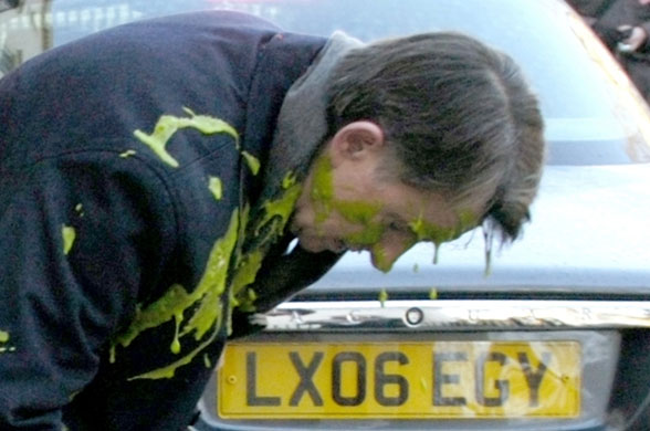 Mandelson: Peter Mandelson is slimed by Plane Stupid protester