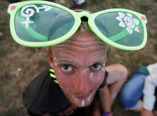 12 August 2009: Budapest: A reveller attends a Music against the racism concert