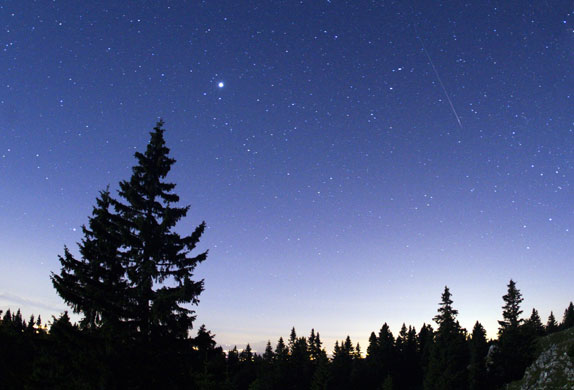 Perseid meteor shower: A meteor streaks past stars in the night sky 