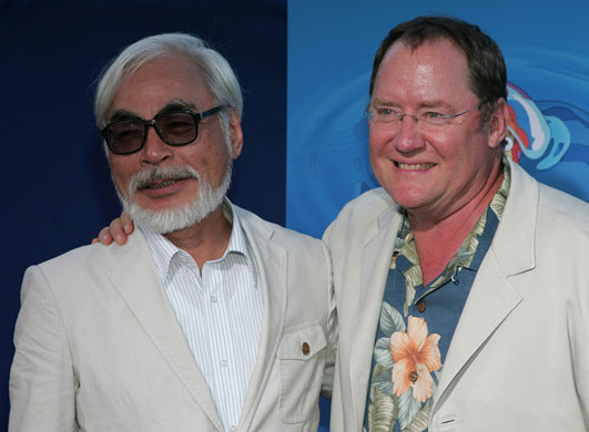 Hayao Miyazaki: Directors Hayao Miyazaki, left, and John Lasseter at a screening of Ponyo 