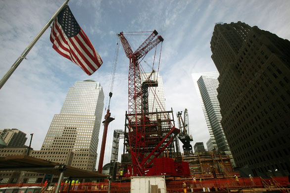 13 August 2009: Construction workers install the first of 24 steel columns at Ground Zeo