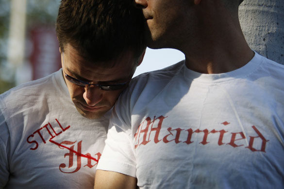 13 August 2009: West Hollywood, US: Gay couple Ethan Collings and Stephen Abate