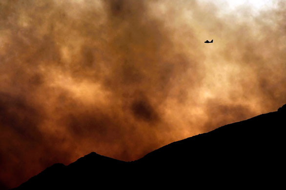 18 August 2009: Thiva, Greece: A Canadair water bomber flies above a fire