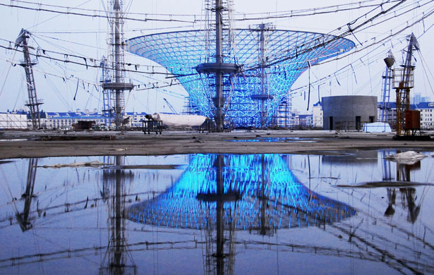 18 August 2009: Shanghai, China: The illuminated 'Expo Axis'