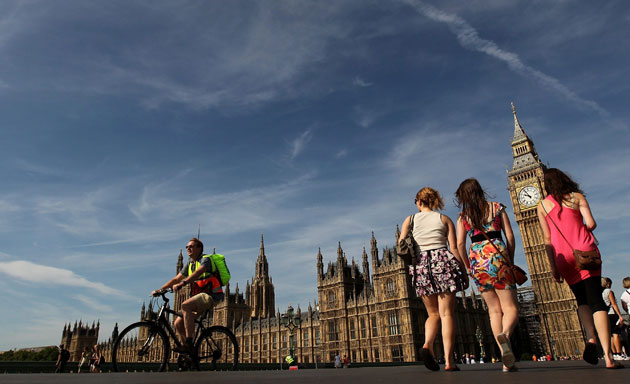 UK weather: Girls walk across Westminster Bridge, London