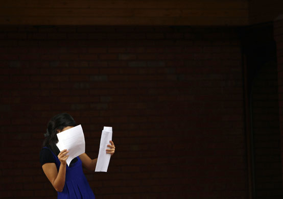 A levels: A girl looks at her A-level exam results 