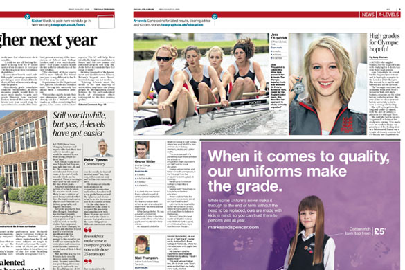 A-levels in the papers: Telegraph - inside page