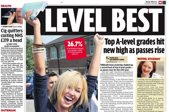 A-levels in the papers: Daily Mirror