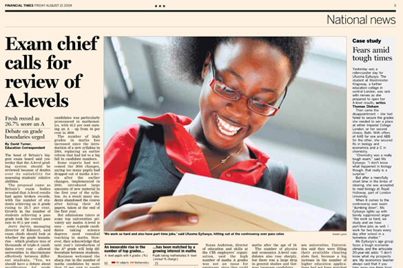 A-levels in the papers: Financial Times