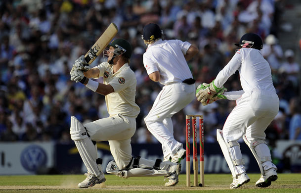 sat 3 ashes: Shane Watson smashes a loose delivery from Swann to the boundary