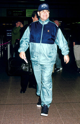 Tracksuits: Elton John at Heathrow airport in 1998