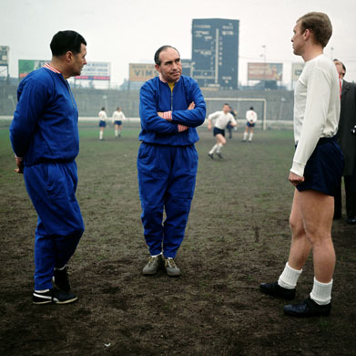 Tracksuits: England manager Sir Alf Ramsey (centre) chats with Bobby Moore (right) 