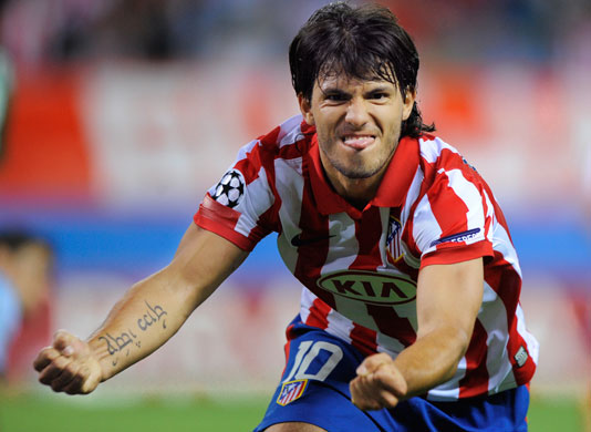 champions league: Sergio 'Kun' Aguero celebrates scoring Atletico Madrid's second goal