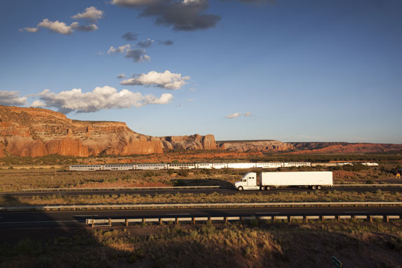Route 66 Day 3: A train runs alongside Interstate I-40 near the New Mexico/Arizona border