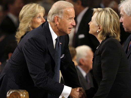 Edward Kennedy funeral: U.S. Vice President Biden talks with Secretary of State Clinton