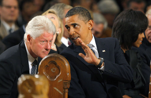 Edward Kennedy funeral: U.S. President Barack Obama  talks with former U.S. President Bill Clinton
