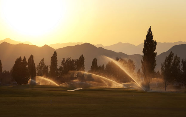 Route 66 Day 4: Sprinklers irrigate the golf course at Valle Vista Country Club at Kingman