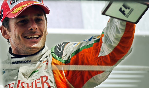 Belgian Grand Prix: Force India's Italian driver Giancarlo Fisichella celebrates on the podium