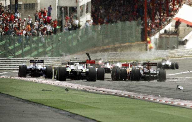 Belgian Grand Prix: Cars and debris after the start of the Belgium Formula One Grand Prix