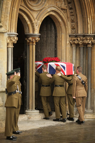 Harry Patch funeral: Six pall-bearers bear the coffin of Harry Patch into Wells Cathedral 