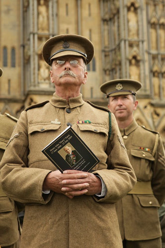 Harry Patch funeral: Men dressed as First World war soldiers stand outside Wells Cathedral