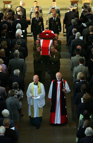 Harry Patch funeral: The coffin of Harry Patch leaves Wells Cathedral carried by soldiers 