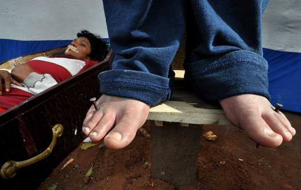 7 August 2009: Asuncion, Paraguay: Homeless people during a demonstration