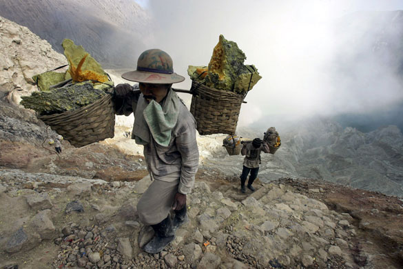 7 August 2009: Banyuwangi, Java: Miners carry buckets of sulphur