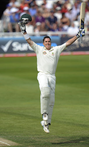 Tom Ashes 4th test day 2: Marcus North jumps for joy as he reaches his 100 with a six off Swann