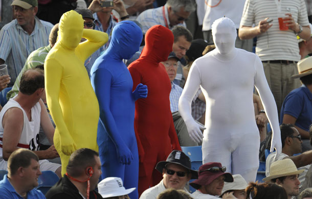 Tom Ashes 4th test day 2: Fans wear colourful skin suits on the Western Terrace 