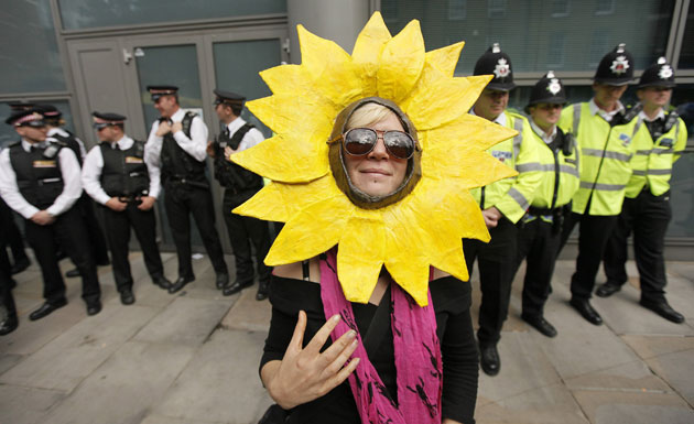 Climate camp: 1 September: Climate campaigners outside RBS headquarters in London