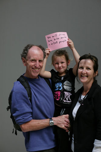 10:10 launch pledges: Willi Moore, Helen Melia, Erin Lily Melia Moore hold their 10:10 pledge