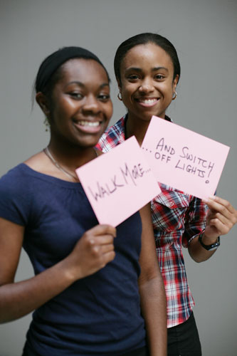 10:10 launch pledges: Irene Oppong and Alicia Roberts-Brown hold their 10:10 pledge