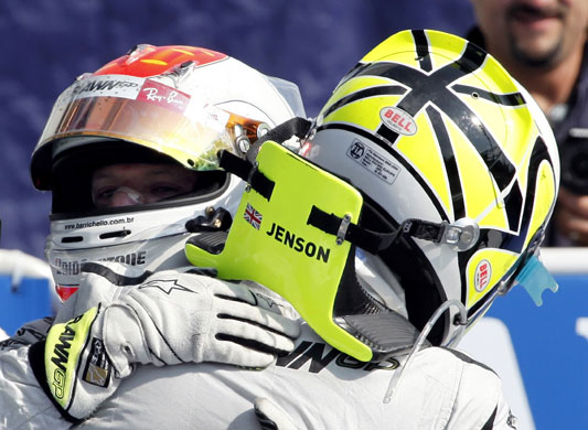 Italian Grand Prix 2009: Rubens Barrichello, left, of Brazil celebrates with Jenson Button
