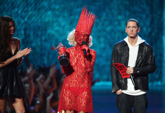 MTV Video awards 2009: Lady Gaga accepts the award for Best New Artist from Eminem 