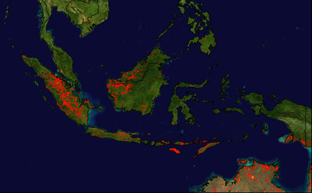 Deforestation in Sumatra: Satellite view of forest fires on Sumatra and Borneo islands, Indonesia