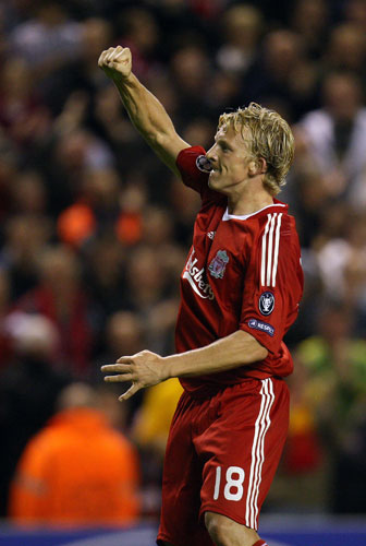 2 wed champions league: Dirk Kuyt celebrates after scoring for Liverpool on the stroke of half-time
