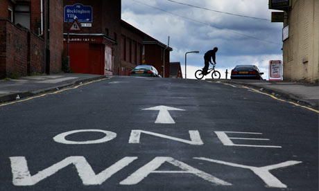 Bike blog: one-way street A cyclist rides a one-way street in Barnsley, 