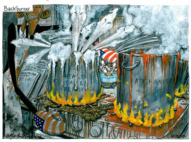 Martin Rowson cartoon - Backburner - US scraps plans for missile defence shield in central Europe