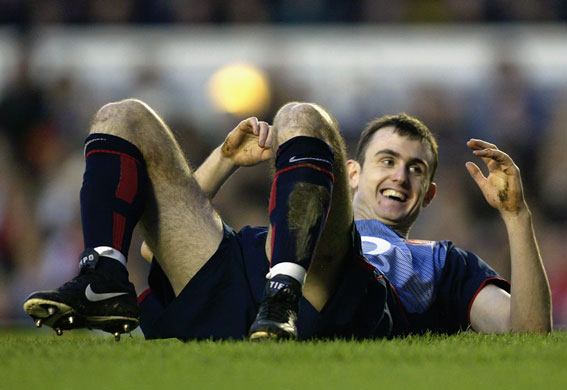 worst football tranfers: Francis Jeffers of Arsenal laying on the ground laughing