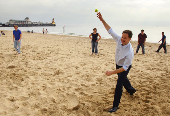 Liberal Democrats: Liberal Democrat Party leader Nick Clegg on Bournemouth Beach