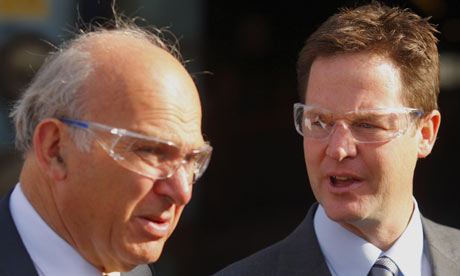 Vincent Cable and Nick Clegg wearing safety glasses