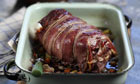 Bacon wrapped ostrich with a balsamic red wine sauce