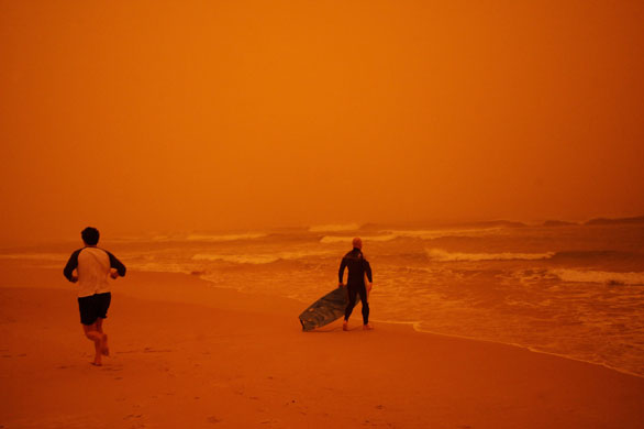 Sydney dust storm: A surfer heads for the water at Bondi Beach