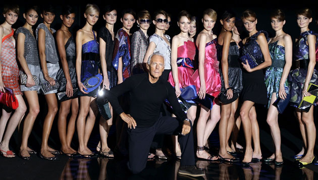 Milan fashion week: Giorgio Armani poses with his models