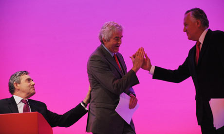Gordon Brown, Rhodri Morgan and Peter Hain at the Labour conference in Brighton on 27 September 2009