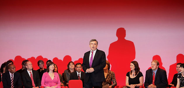 Labour Party conference: Prime Minister Gordon Brown stands on stage with future election candidates