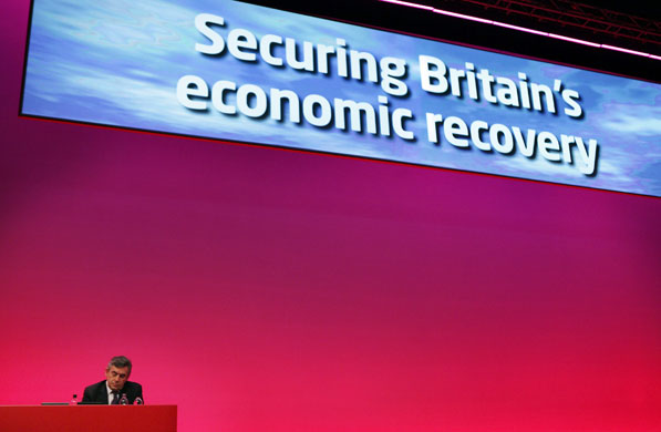 Labour Party Conference: Prime Minister Gordon Brown listens to Chancellor Alistair Darling's speech